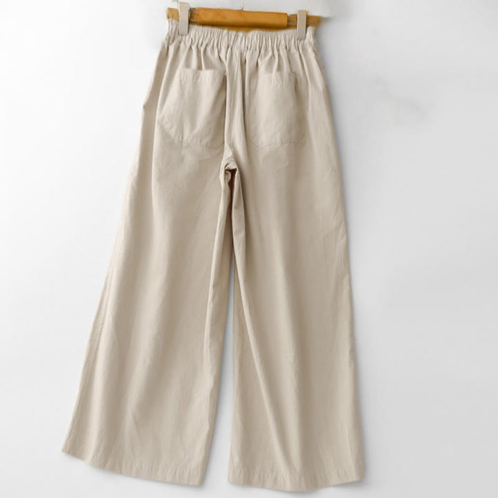 Buddha Stones Spring Commute Einfarbige Damenhose aus Baumwollleinen mit hoher Taille und weitem Bein und Taschen - image 1