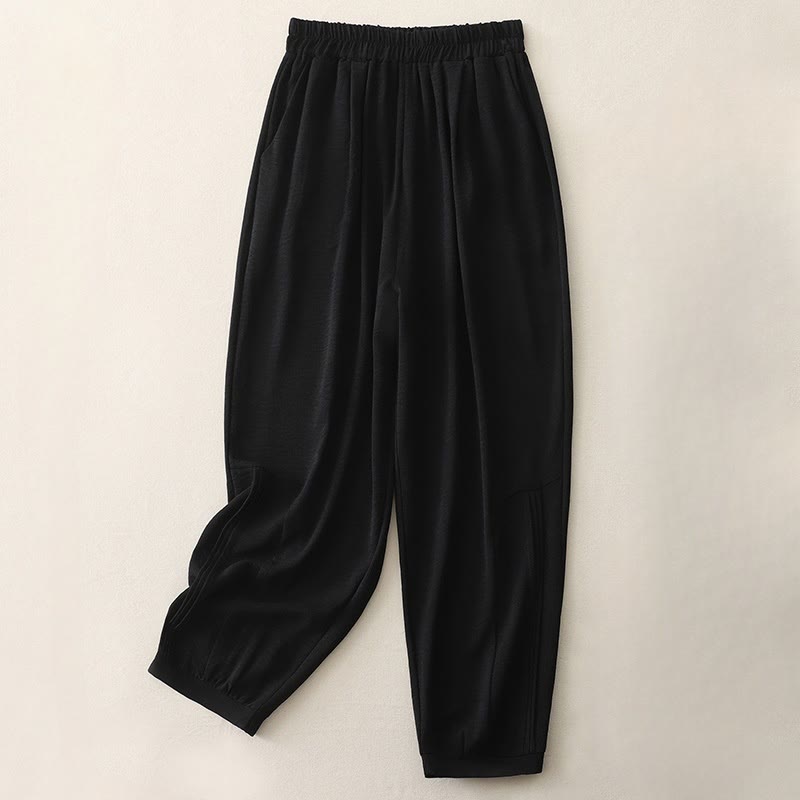 Buddha Stones Sommer-Pendelhose, schlichtes Plissee-Design, Länge 7–8, Damen-Haremshose aus Baumwollleinen mit Taschen - Schwarz - US8-10， UK/AU12-14，EU40-42 (2XL) - image 1