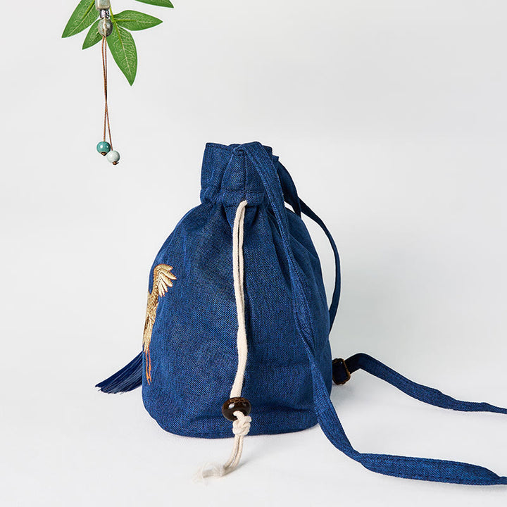 Umhängetasche aus Baumwolle und Leinen mit Buddha Stones -Stickerei, Marineblau, Kranichmotiv