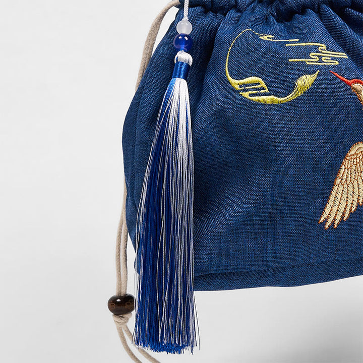 Umhängetasche aus Baumwolle und Leinen mit Buddha Stones -Stickerei, Marineblau, Kranichmotiv