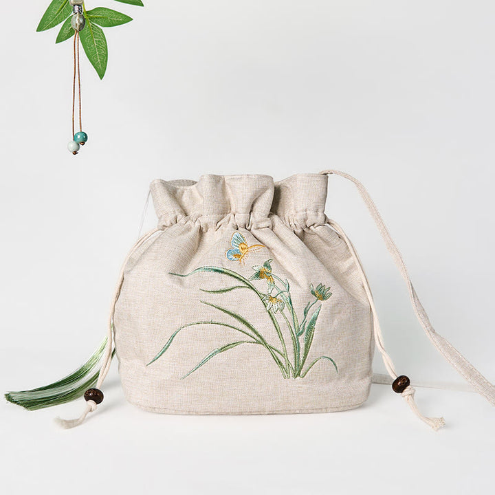 Umhängetasche aus Baumwolle und Leinen mit Buddha Stones , bestickt, Beige, Orchideengras