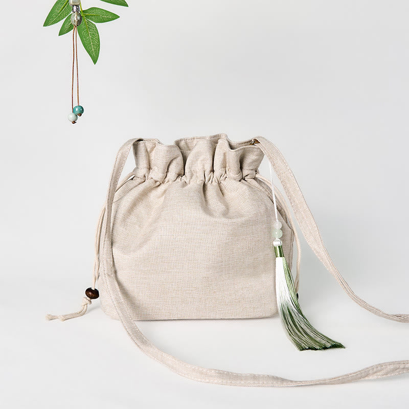 Umhängetasche aus Baumwolle und Leinen mit Buddha Stones , bestickt, Beige, Orchideengras