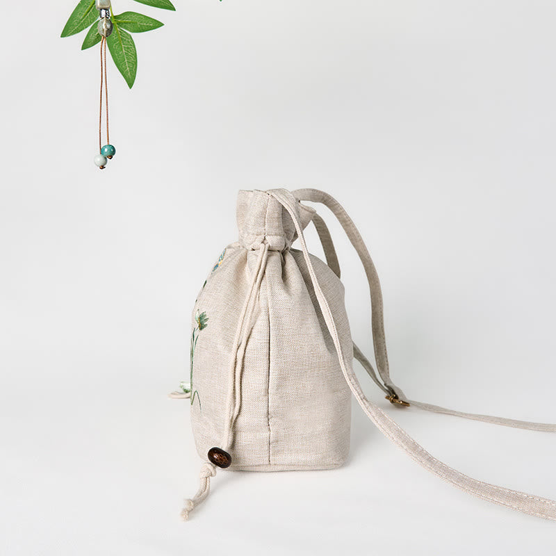 Umhängetasche aus Baumwolle und Leinen mit Buddha Stones , bestickt, Beige, Orchideengras