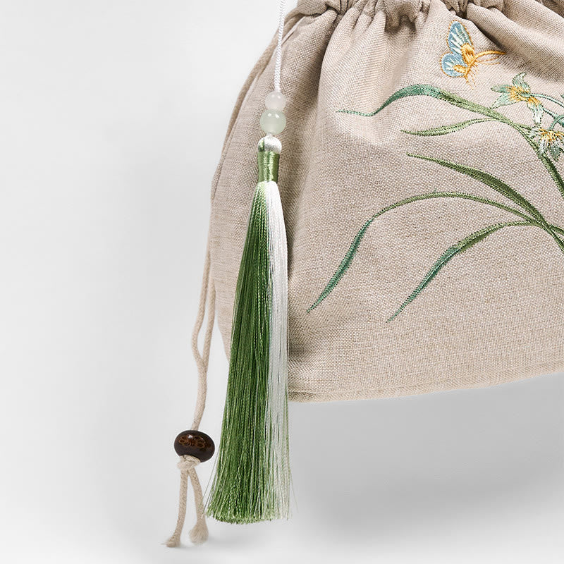 Umhängetasche aus Baumwolle und Leinen mit Buddha Stones , bestickt, Beige, Orchideengras