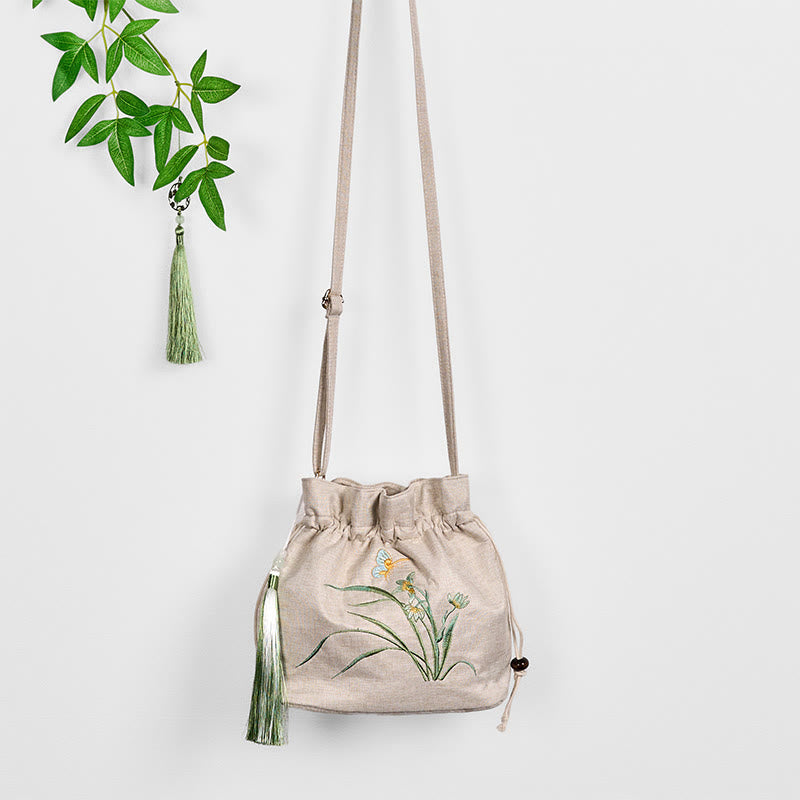 Umhängetasche aus Baumwolle und Leinen mit Buddha Stones , bestickt, Beige, Orchideengras