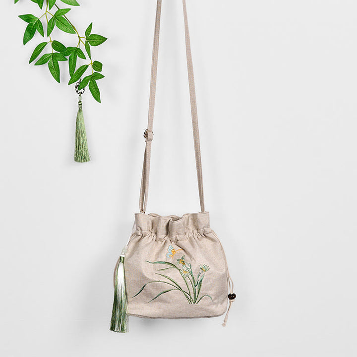 Umhängetasche aus Baumwolle und Leinen mit Buddha Stones , bestickt, Beige, Orchideengras