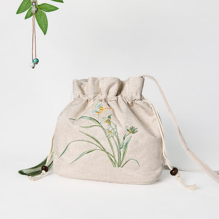 Umhängetasche aus Baumwolle und Leinen mit Buddha Stones , bestickt, Beige, Orchideengras