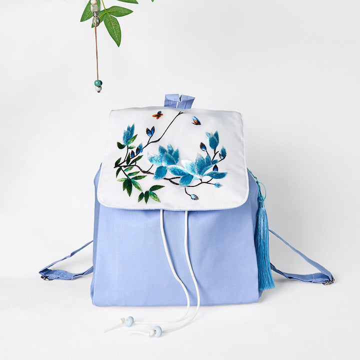 Buddha Stones Handgemachter Canvas-Rucksack mit blauer Magnolienstickerei und großer Kapazität