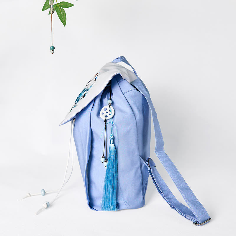 Buddha Stones Handgemachter Canvas-Rucksack mit blauer Magnolienstickerei und großer Kapazität