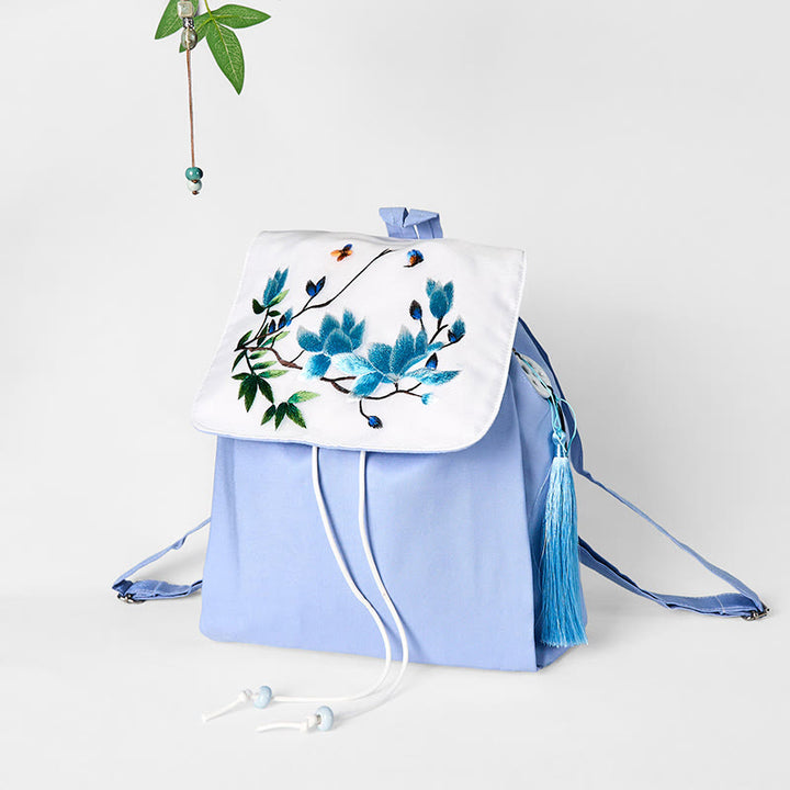 Buddha Stones Handgemachter Canvas-Rucksack mit blauer Magnolienstickerei und großer Kapazität