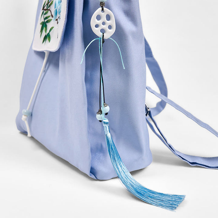 Buddha Stones Handgemachter Canvas-Rucksack mit blauer Magnolienstickerei und großer Kapazität