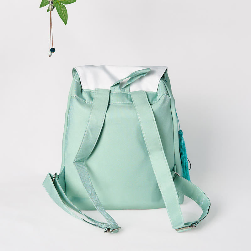 Buddha Stones Handgemachter Canvas-Rucksack mit grüner Pfingstrose und bestickten Blumen, großer Kapazität