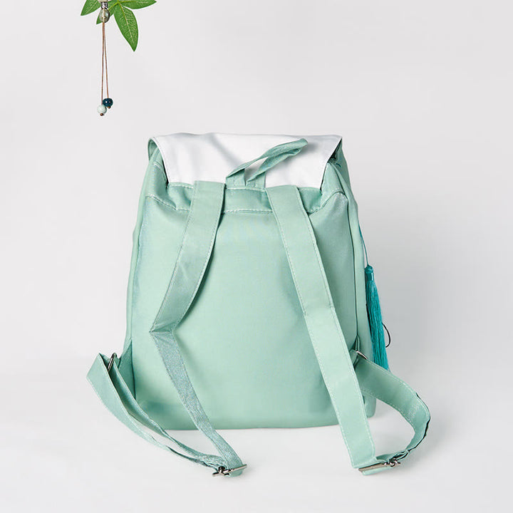 Buddha Stones Handgemachter Canvas-Rucksack mit grüner Pfingstrose und bestickten Blumen, großer Kapazität