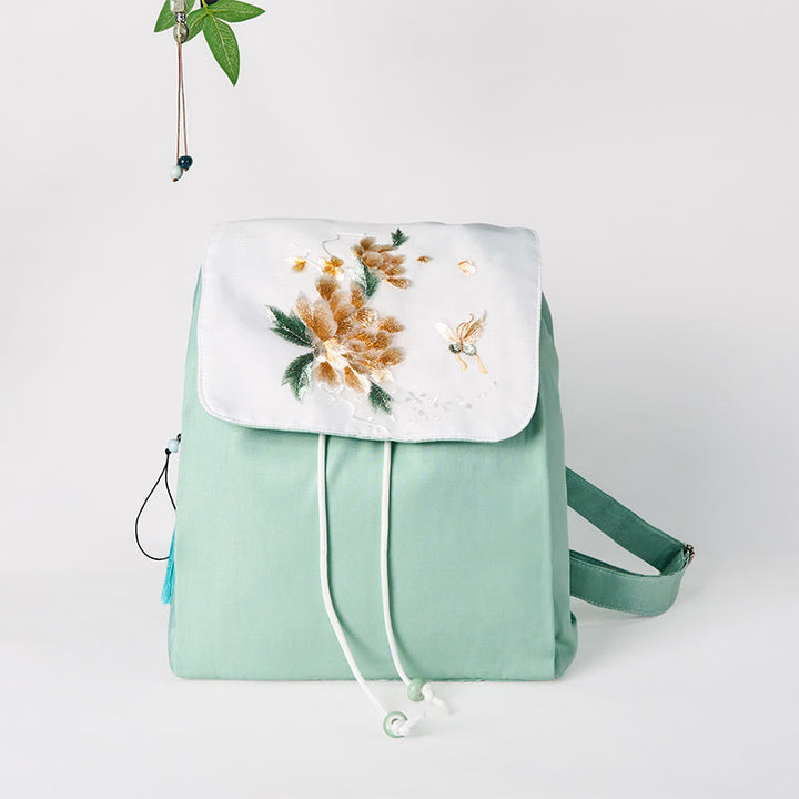 Buddha Stones Handgemachter Canvas-Rucksack mit grüner Pfingstrose und bestickten Blumen, großer Kapazität