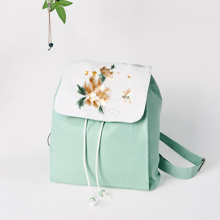 Buddha Stones Handgemachter Canvas-Rucksack mit grüner Pfingstrose und bestickten Blumen, großer Kapazität