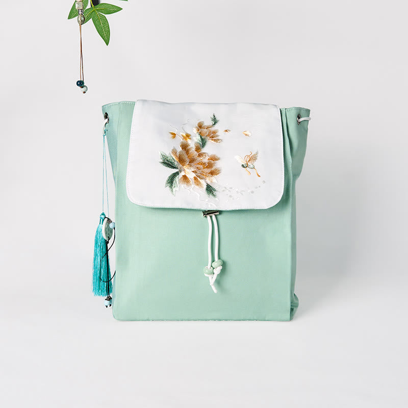 Buddha Stones Handgemachter Canvas-Rucksack mit grüner Pfingstrose und bestickten Blumen, großer Kapazität
