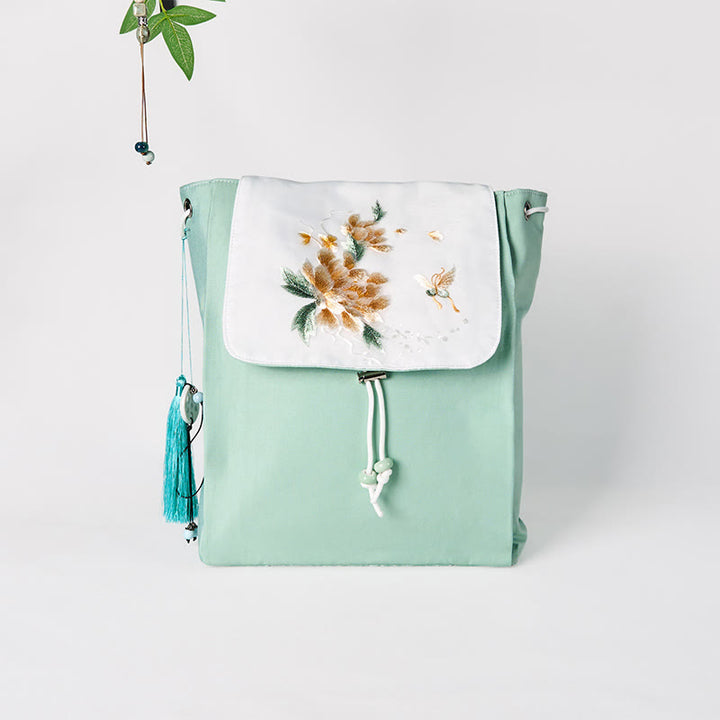 Buddha Stones Handgemachter Canvas-Rucksack mit grüner Pfingstrose und bestickten Blumen, großer Kapazität