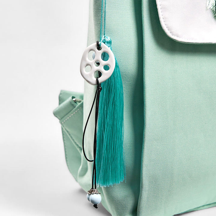 Buddha Stones Handgemachter Canvas-Rucksack mit grüner Pfingstrose und bestickten Blumen, großer Kapazität