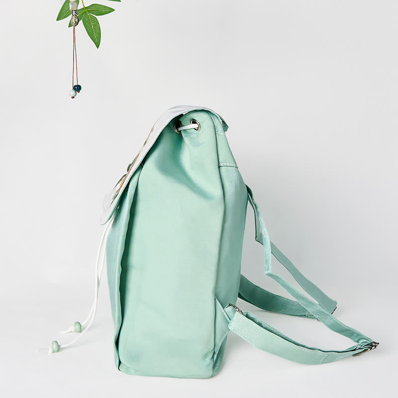 Buddha Stones Handgemachter Canvas-Rucksack mit grüner Pfingstrose und bestickten Blumen, großer Kapazität