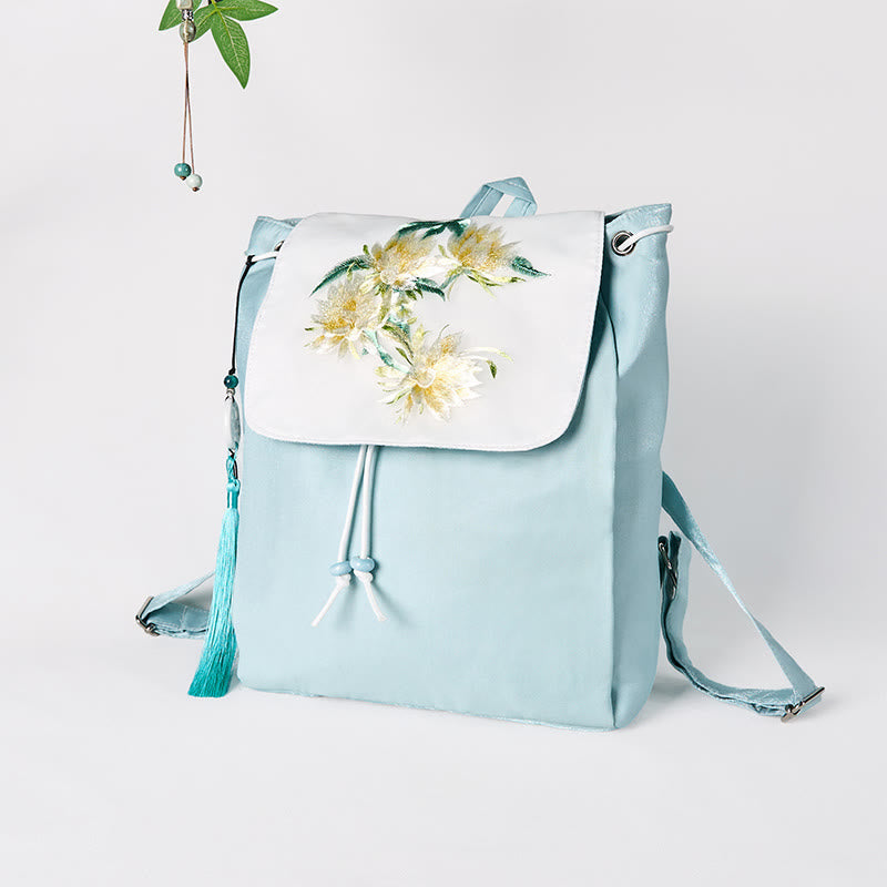 Handgemachter Canvas-Rucksack mit Buddha Stones und blauer Epiphyllum-Stickerei, große Kapazität