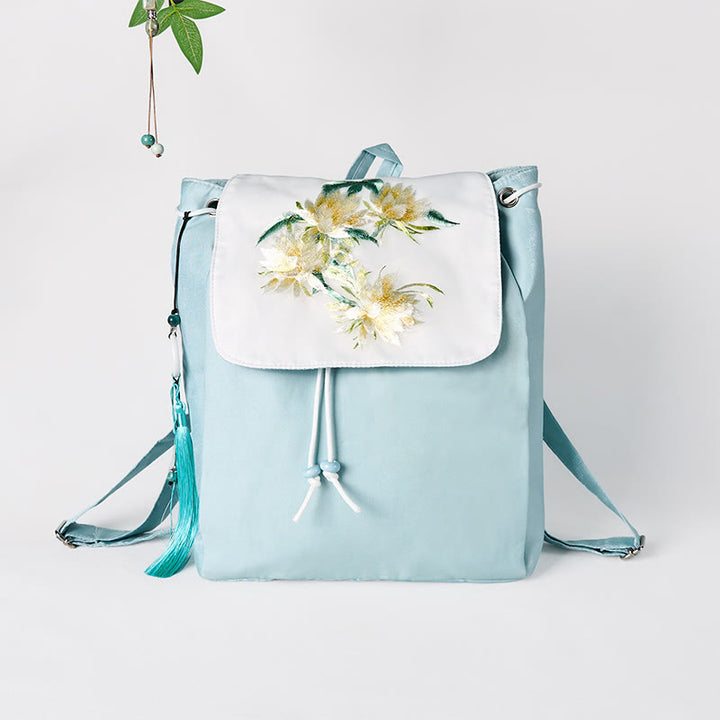 Handgemachter Canvas-Rucksack mit Buddha Stones und blauer Epiphyllum-Stickerei, große Kapazität