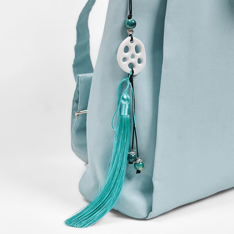 Handgemachter Canvas-Rucksack mit Buddha Stones und blauer Epiphyllum-Stickerei, große Kapazität