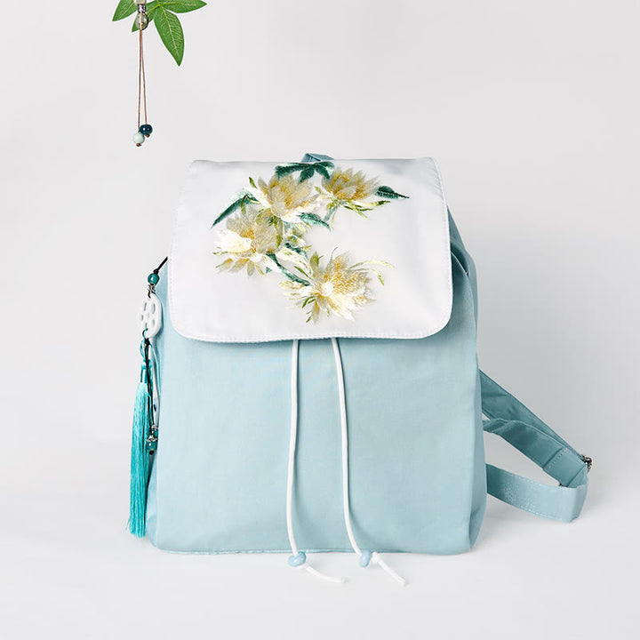 Handgemachter Canvas-Rucksack mit Buddha Stones und blauer Epiphyllum-Stickerei, große Kapazität