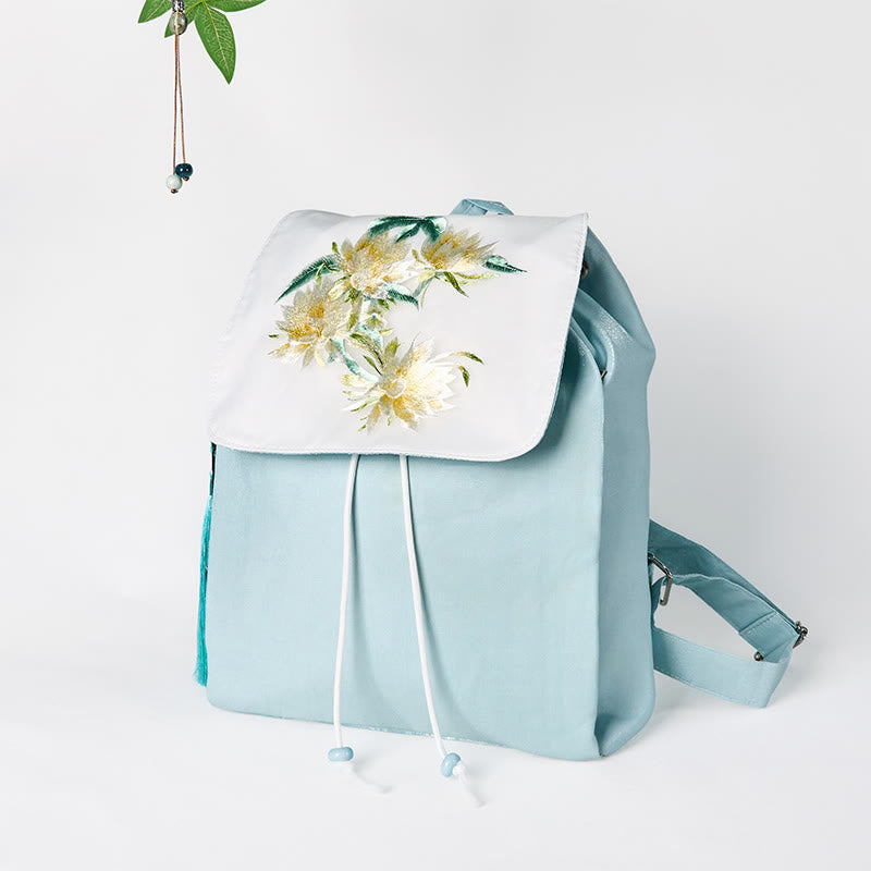 Handgemachter Canvas-Rucksack mit Buddha Stones und blauer Epiphyllum-Stickerei, große Kapazität