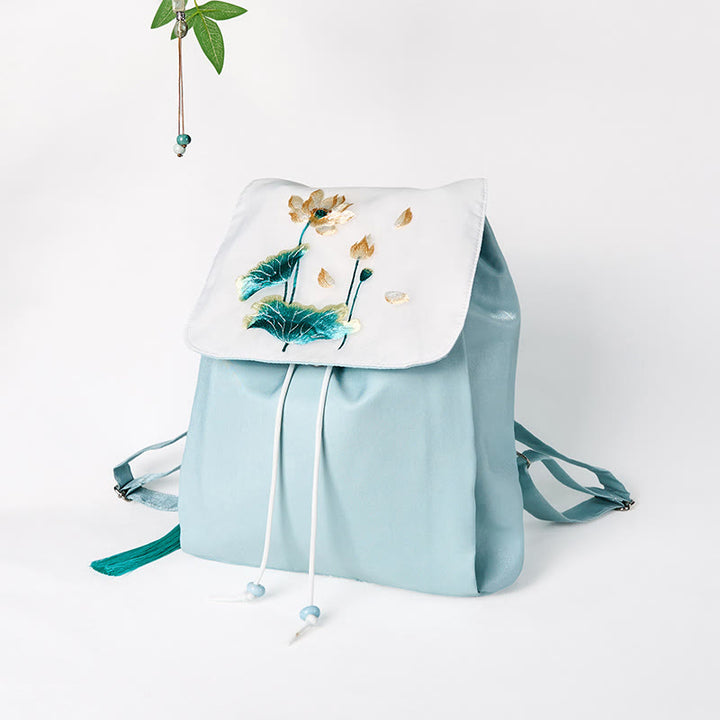 Handgemachter Canvas-Rucksack mit Buddha Stones und blauer Lotus-Stickerei, große Kapazität