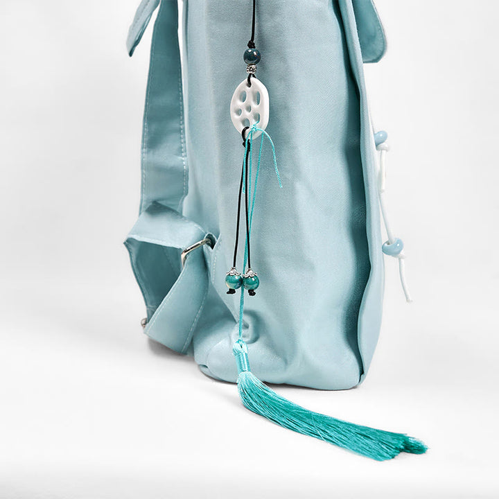 Handgemachter Canvas-Rucksack mit Buddha Stones und blauer Lotus-Stickerei, große Kapazität
