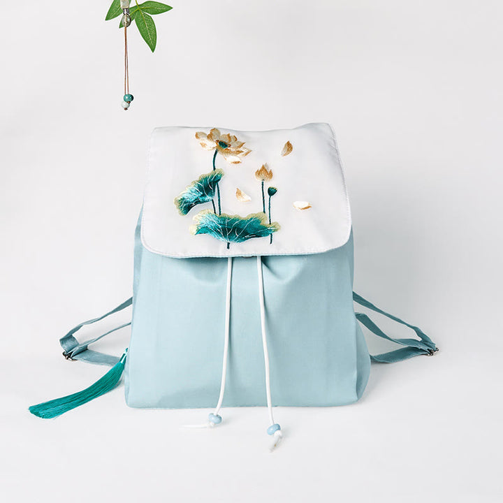 Handgemachter Canvas-Rucksack mit Buddha Stones und blauer Lotus-Stickerei, große Kapazität