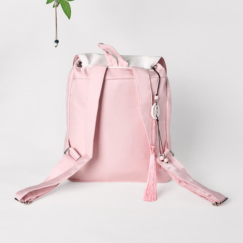Buddha Stones Handgemachter Canvas-Rucksack mit rosa Pfingstrosen-Blumenstickerei und großer Kapazität