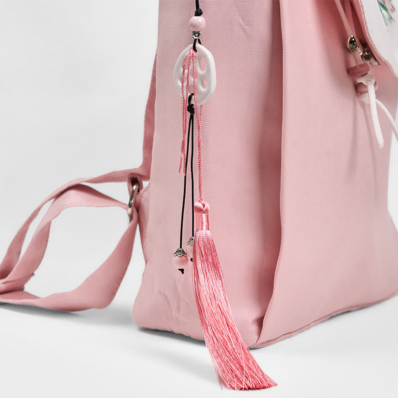 Buddha Stones Handgemachter Canvas-Rucksack mit rosa Pfingstrosen-Blumenstickerei und großer Kapazität