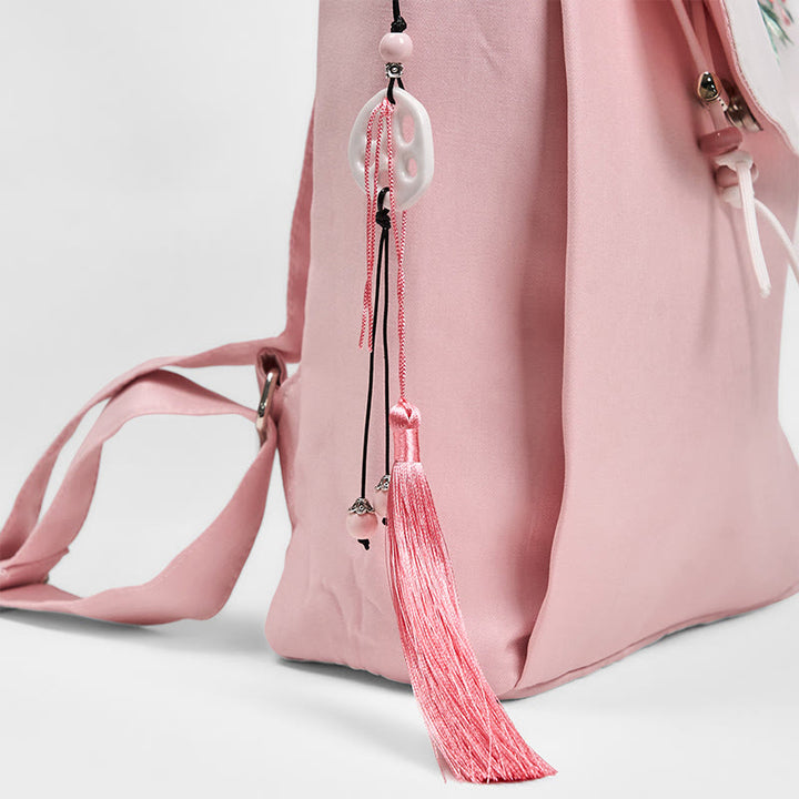 Buddha Stones Handgemachter Canvas-Rucksack mit rosa Pfingstrosen-Blumenstickerei und großer Kapazität