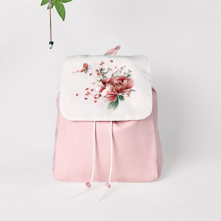 Buddha Stones Handgemachter Canvas-Rucksack mit rosa Pfingstrosen-Blumenstickerei und großer Kapazität