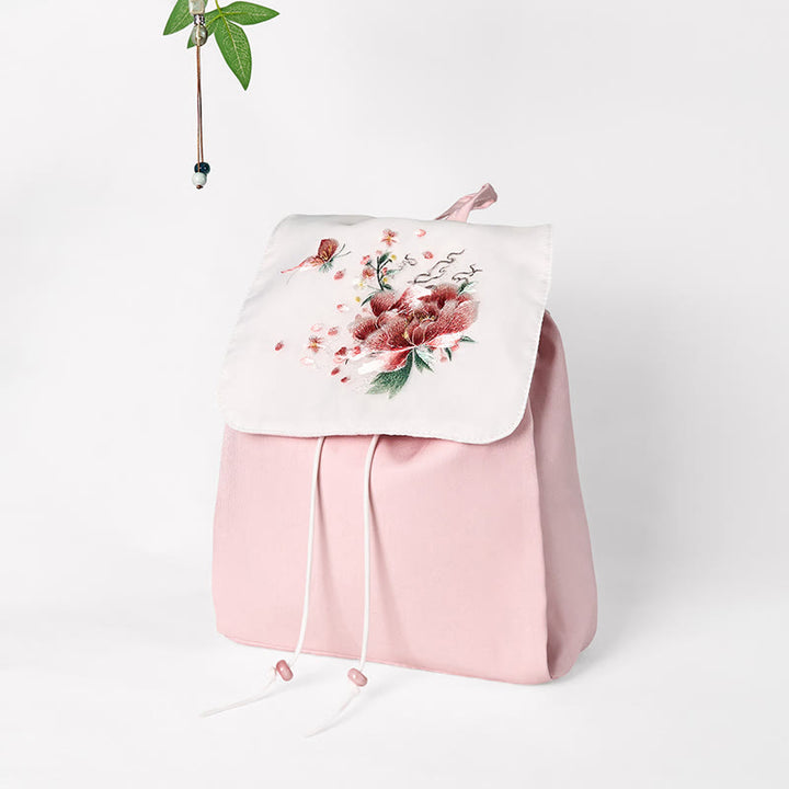 Buddha Stones Handgemachter Canvas-Rucksack mit rosa Pfingstrosen-Blumenstickerei und großer Kapazität