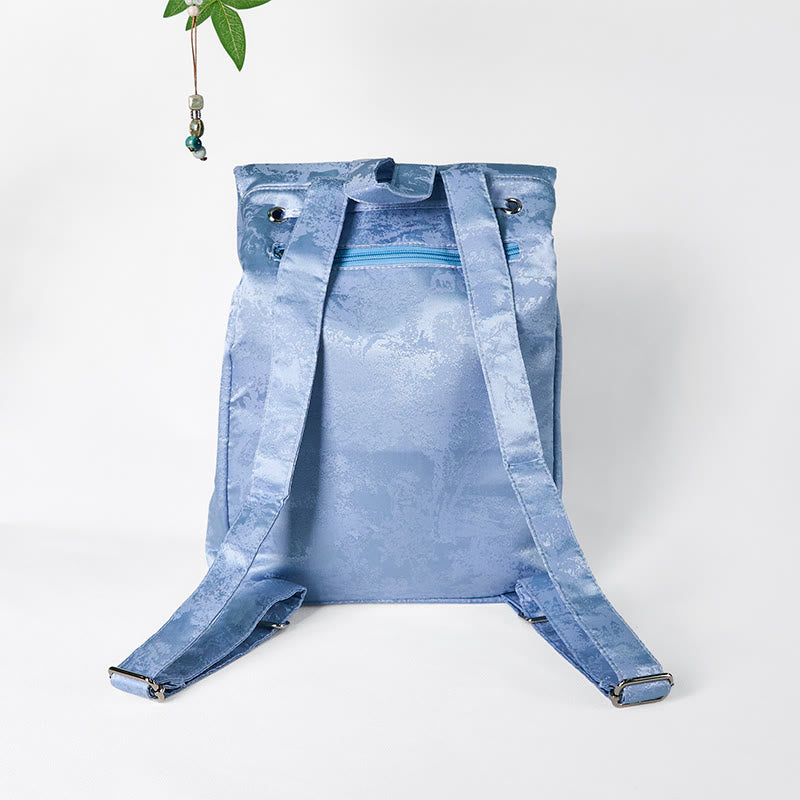 Buddha Stones Handgefertigter Rucksack aus Polyester-Baumwolle mit blauer Kamelie-Stickerei und großer Kapazität