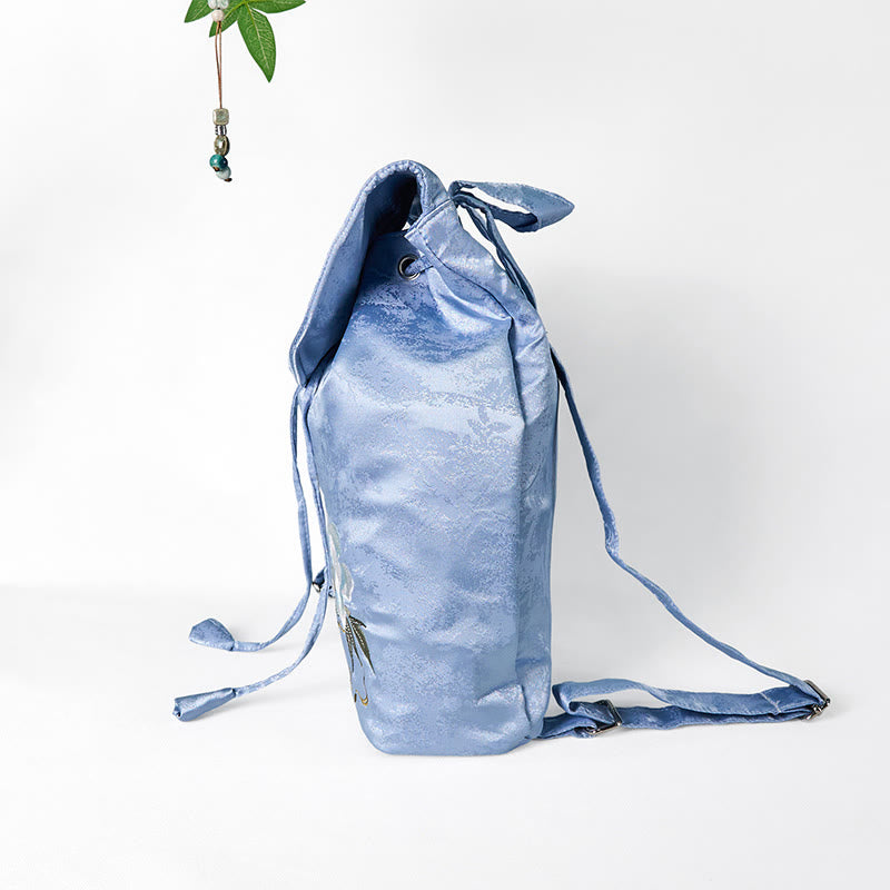 Buddha Stones Handgefertigter Rucksack aus Polyester-Baumwolle mit blauer Kamelie-Stickerei und großer Kapazität