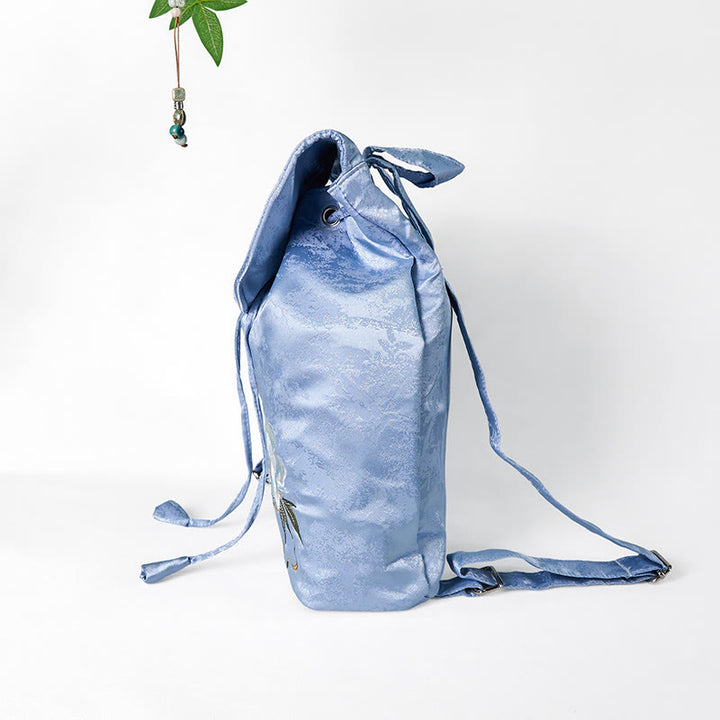 Buddha Stones Handgefertigter Rucksack aus Polyester-Baumwolle mit blauer Kamelie-Stickerei und großer Kapazität