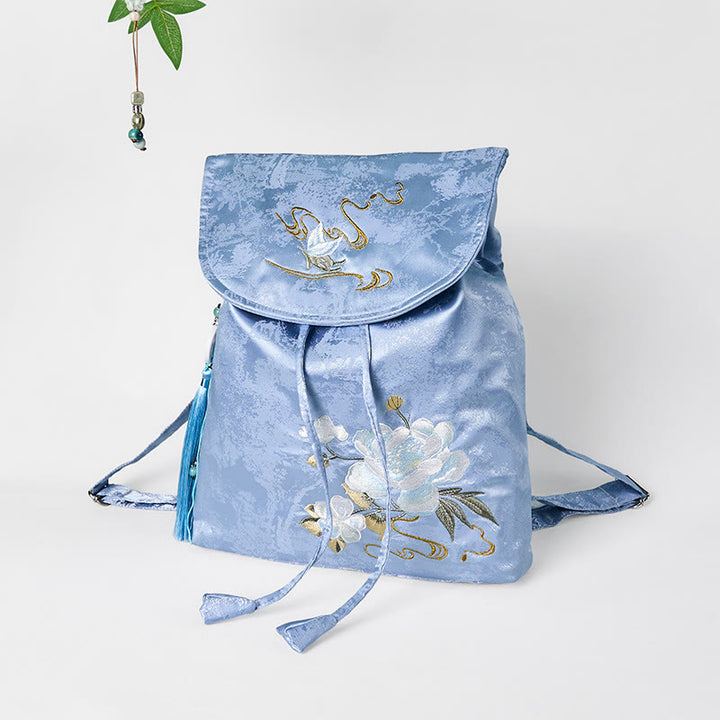 Buddha Stones Handgefertigter Rucksack aus Polyester-Baumwolle mit blauer Kamelie-Stickerei und großer Kapazität