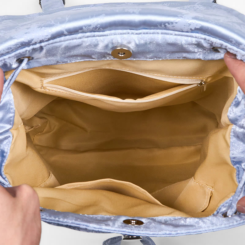 Buddha Stones Handgefertigter Rucksack aus Polyester-Baumwolle mit blauer Kamelie-Stickerei und großer Kapazität