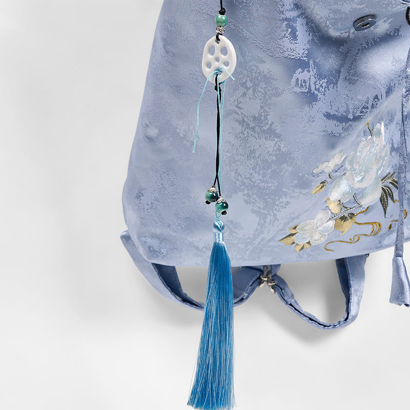 Buddha Stones Handgefertigter Rucksack aus Polyester-Baumwolle mit blauer Kamelie-Stickerei und großer Kapazität