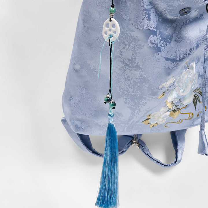 Buddha Stones Handgefertigter Rucksack aus Polyester-Baumwolle mit blauer Kamelie-Stickerei und großer Kapazität