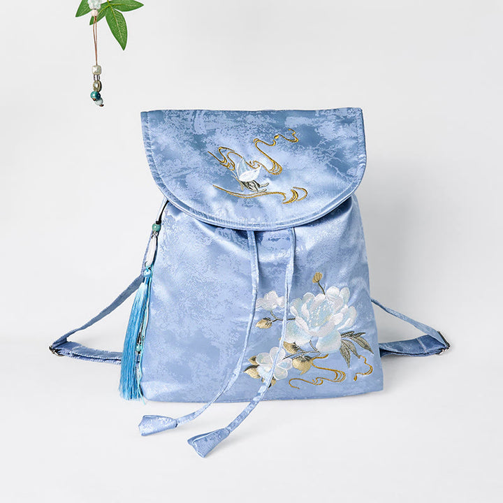Buddha Stones Handgefertigter Rucksack aus Polyester-Baumwolle mit blauer Kamelie-Stickerei und großer Kapazität
