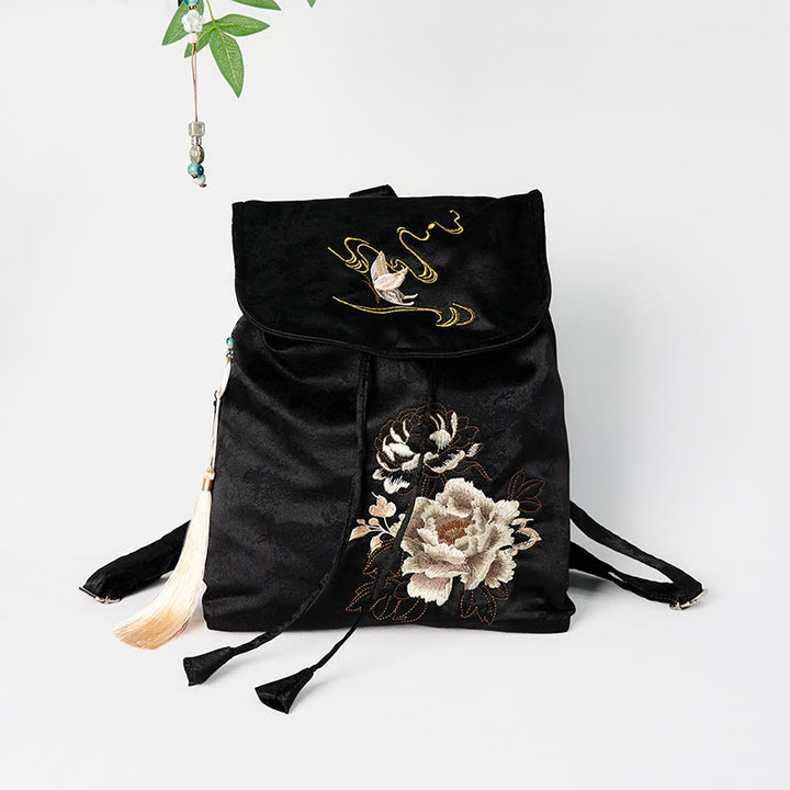 Buddha Stones Handgefertigter Rucksack aus Polyester-Baumwolle mit schwarzer Pfingstrose-Stickerei und großer Kapazität