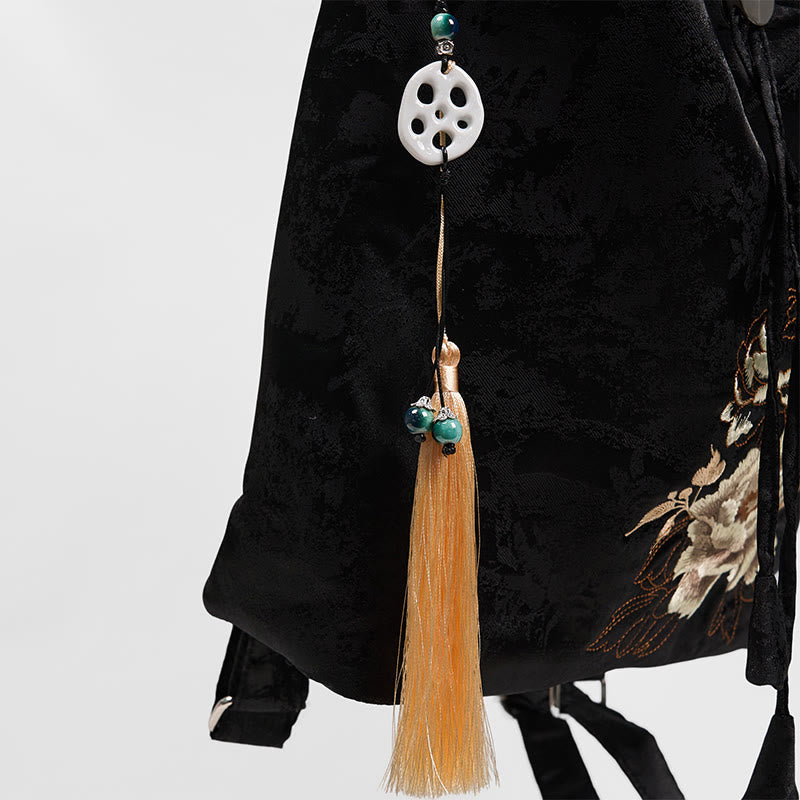 Buddha Stones Handgefertigter Rucksack aus Polyester-Baumwolle mit schwarzer Pfingstrose-Stickerei und großer Kapazität