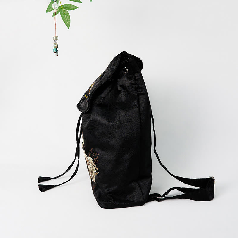Buddha Stones Handgefertigter Rucksack aus Polyester-Baumwolle mit schwarzer Pfingstrose-Stickerei und großer Kapazität