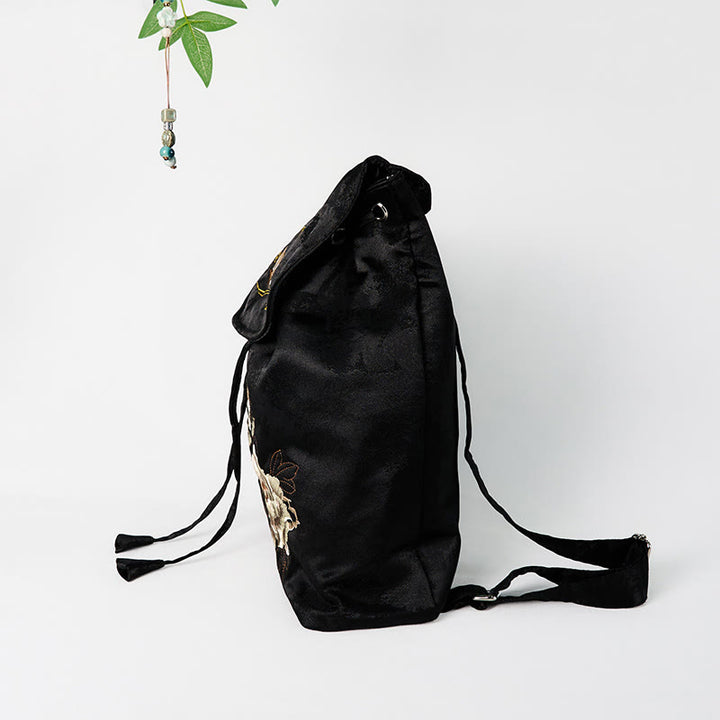 Buddha Stones Handgefertigter Rucksack aus Polyester-Baumwolle mit schwarzer Pfingstrose-Stickerei und großer Kapazität