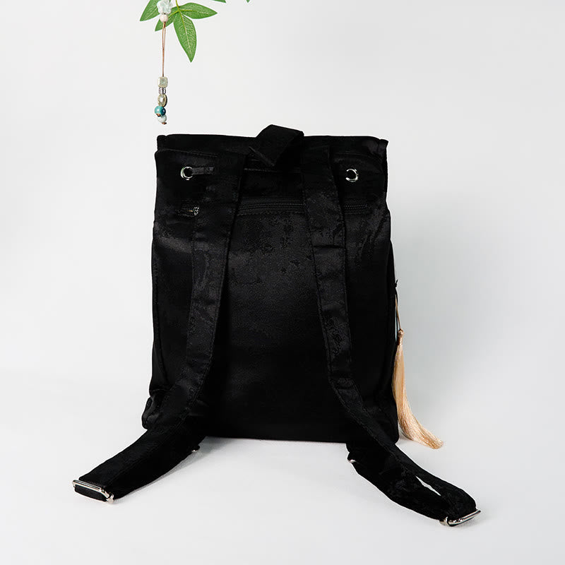 Buddha Stones Handgefertigter Rucksack aus Polyester-Baumwolle mit schwarzer Pfingstrose-Stickerei und großer Kapazität