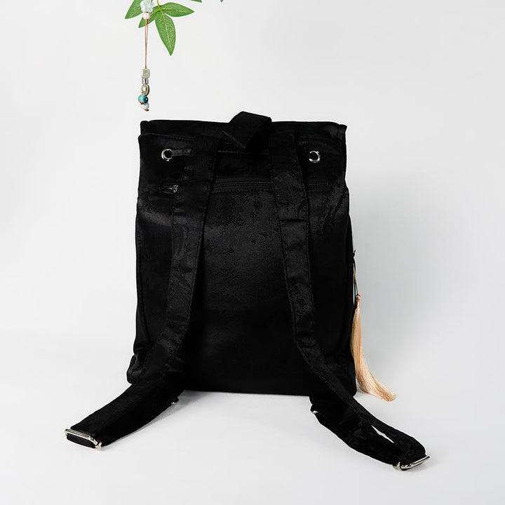 Buddha Stones Handgefertigter Rucksack aus Polyester-Baumwolle mit schwarzer Pfingstrose-Stickerei und großer Kapazität